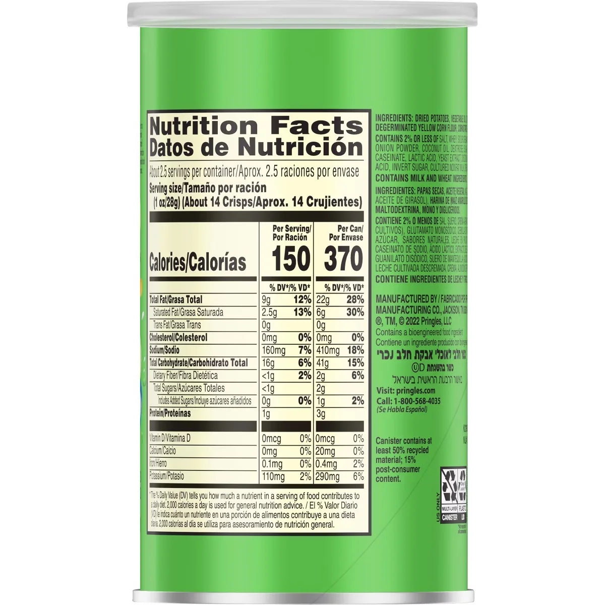 Pringles Grab & Go Large Sour Cream & Onion Potato Crisps Chips - 2.5oz